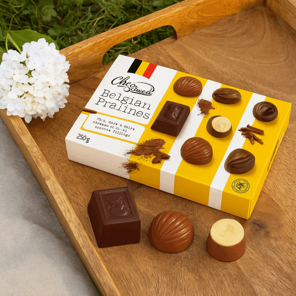 ChocoSweet Belgian Pralines – Gift Box 250g με σοκολατάκια γάλακτος, υγείας και λευκής σοκολάτας σε ξύλινο δίσκο με λουλούδι