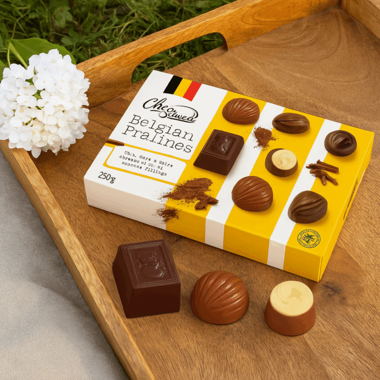 ChocoSweet Belgian Pralines – Gift Box 250g με σοκολατάκια γάλακτος, υγείας και λευκής σοκολάτας σε ξύλινο δίσκο με λουλούδι