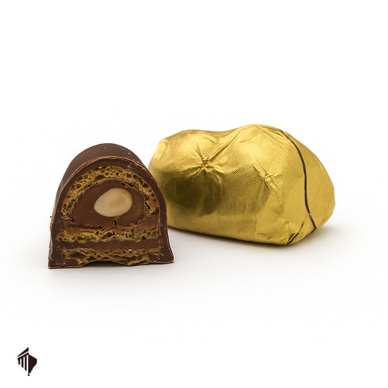 Τυλιχτό Κέρασμα Double Hazelnut – τραγανή γκοφρέτα με πραλίνα φουντουκιού, δύο ολόκληρα καβουρδισμένα φουντούκια και επικάλυψη σοκολάτας γάλακτος.