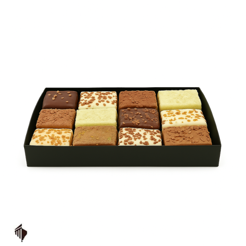 Choco Mousse Cubes Mix 12 τεμαχίων – χειροποίητα βελγικά σοκολατάκια σε ποικιλία γεύσεων, σε πολυτελή συσκευασία δώρου.