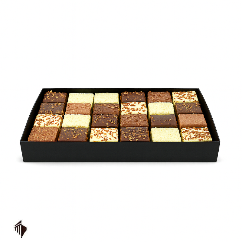 Choco Mousse Cubes Mix 24 τεμαχίων – πολυτελές κουτί με βελγικά σοκολατάκια σε ποικιλία γεύσεων και επικάλυψης λευκής, γάλακτος και dark σοκολάτας.